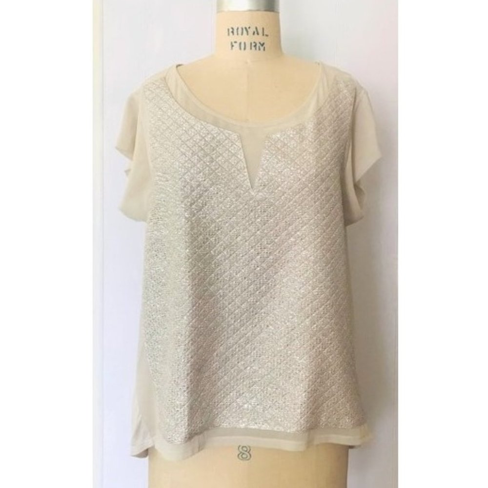EXPRESS BEIGE METALLIC SILVER QUILTED SHORT SLEEVE TOP LARGE NWT